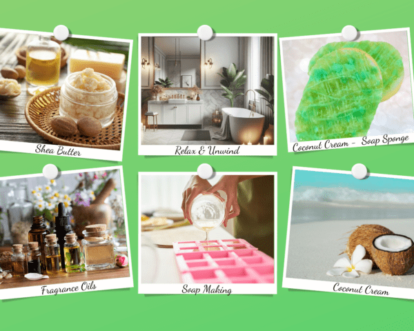 Coconut Cream fragrance product collage featuring soap sponges, shea butter, fragrance oils, and soothing bath products.