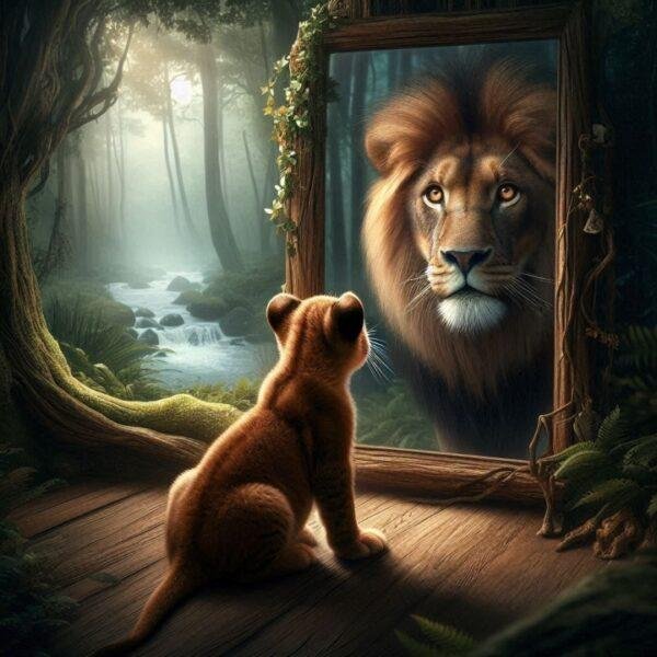 Cub looking into a mirror and seeing a lion reflection, symbolising empowerment for the It’s All You fragrance collection