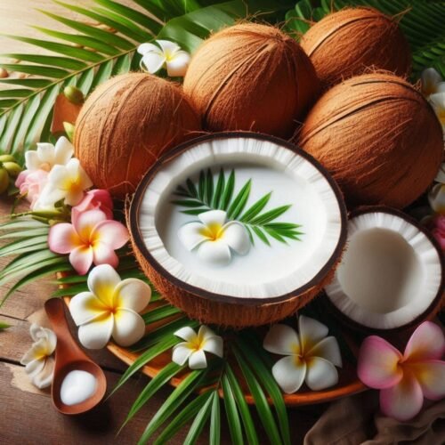 Coconuts and tropical flowers with creamy coconut milk, representing the smooth and exotic Coconut Cream fragrance