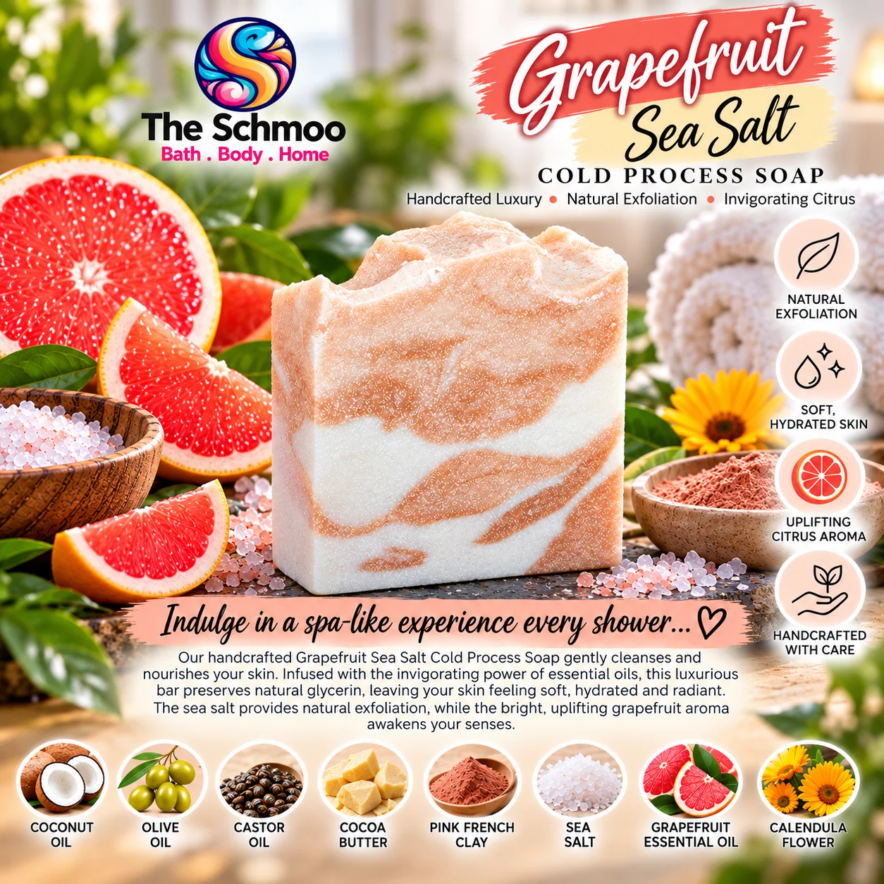 Grapefruit & Sea Salt Cold Process Soap Bar