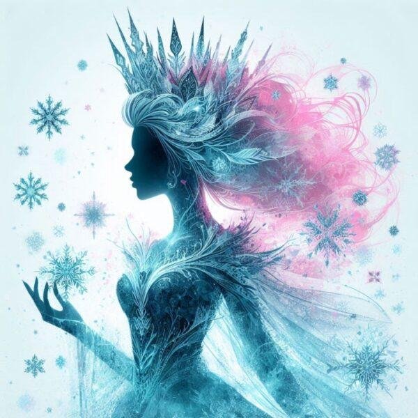 Silhouette of an ice queen with a frosty crown and snowflakes, representing the cool and captivating Ice Queen fragrance