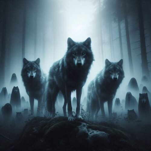 Pack of wolves standing in a misty forest, symbolising the untamed and bold nature of the Le Sauvage fragrance