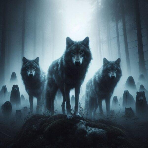 Pack of wolves standing in a misty forest, symbolising the untamed and bold nature of the Le Sauvage fragrance