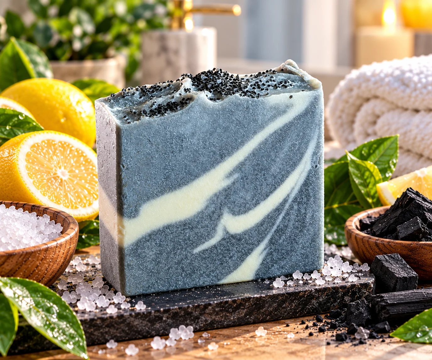Lemon & Charcoal Sea Salt Cold Process Soap Bar - Image 2
