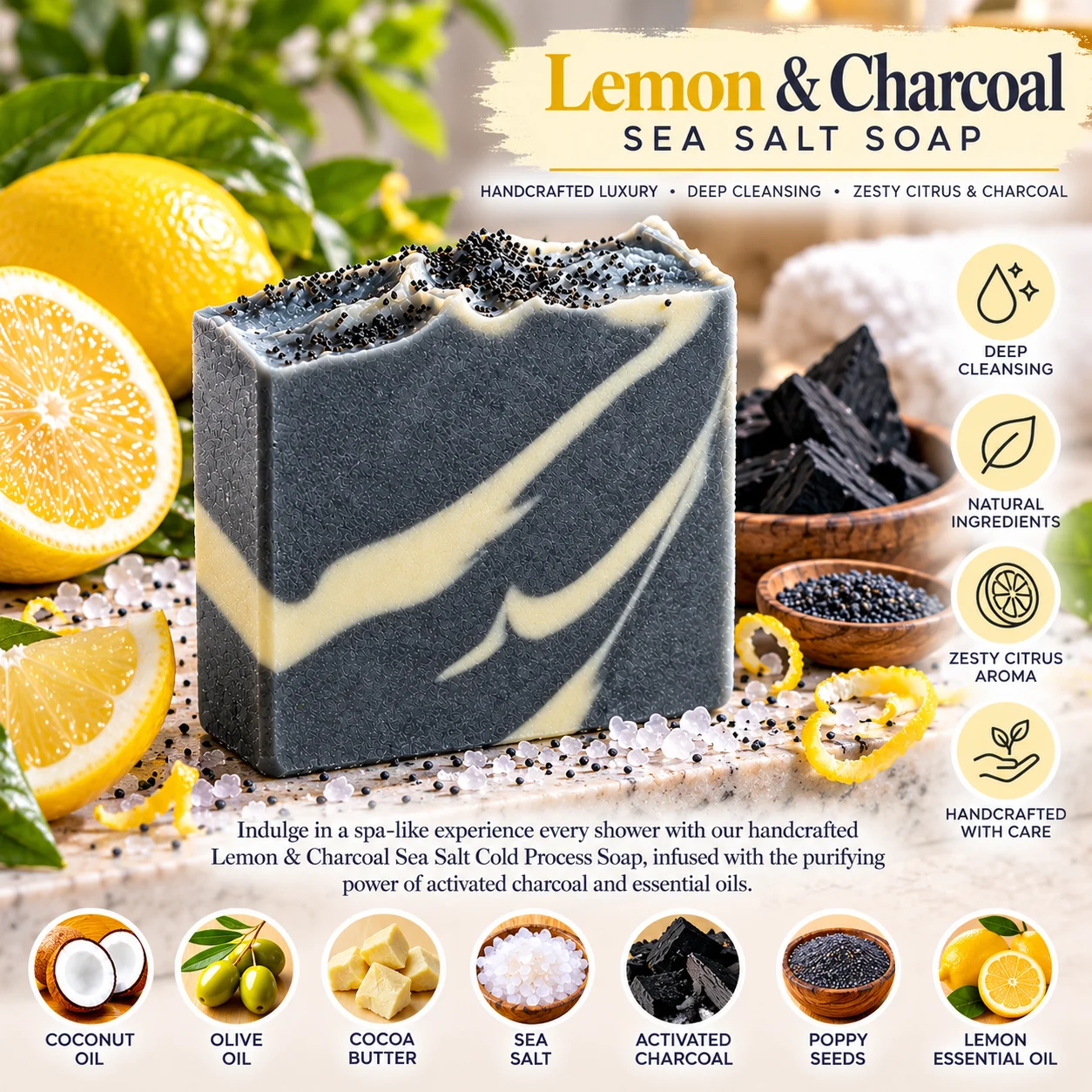 Lemon & Charcoal Sea Salt Cold Process Soap Bar