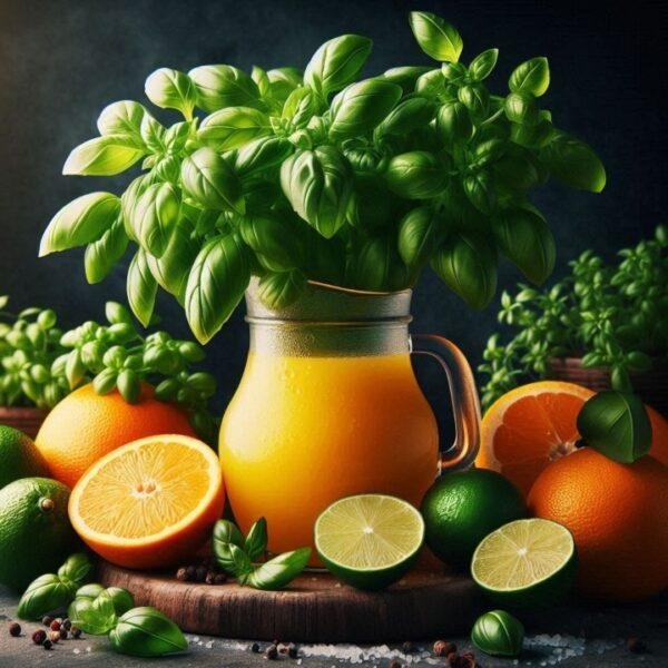 Fresh basil in a jug of orange juice with lime and orange slices, representing the refreshing Lime, Basil & Orange scent