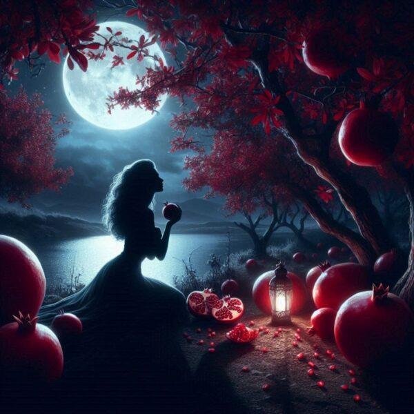 Silhouette of a woman holding a pomegranate under a full moon, surrounded by pomegranate trees, representing the deep and sensual Pomegranate Noir scent