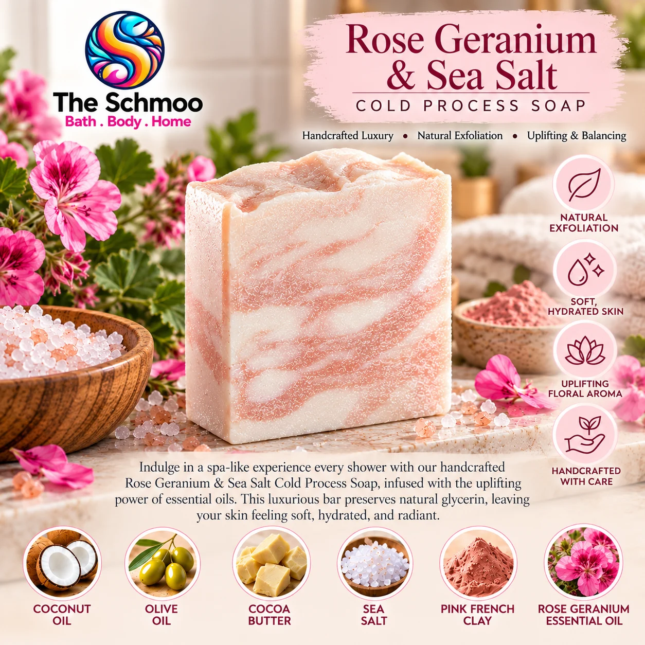 Rose Geranium & Sea Salt Cold Process Soap Bar