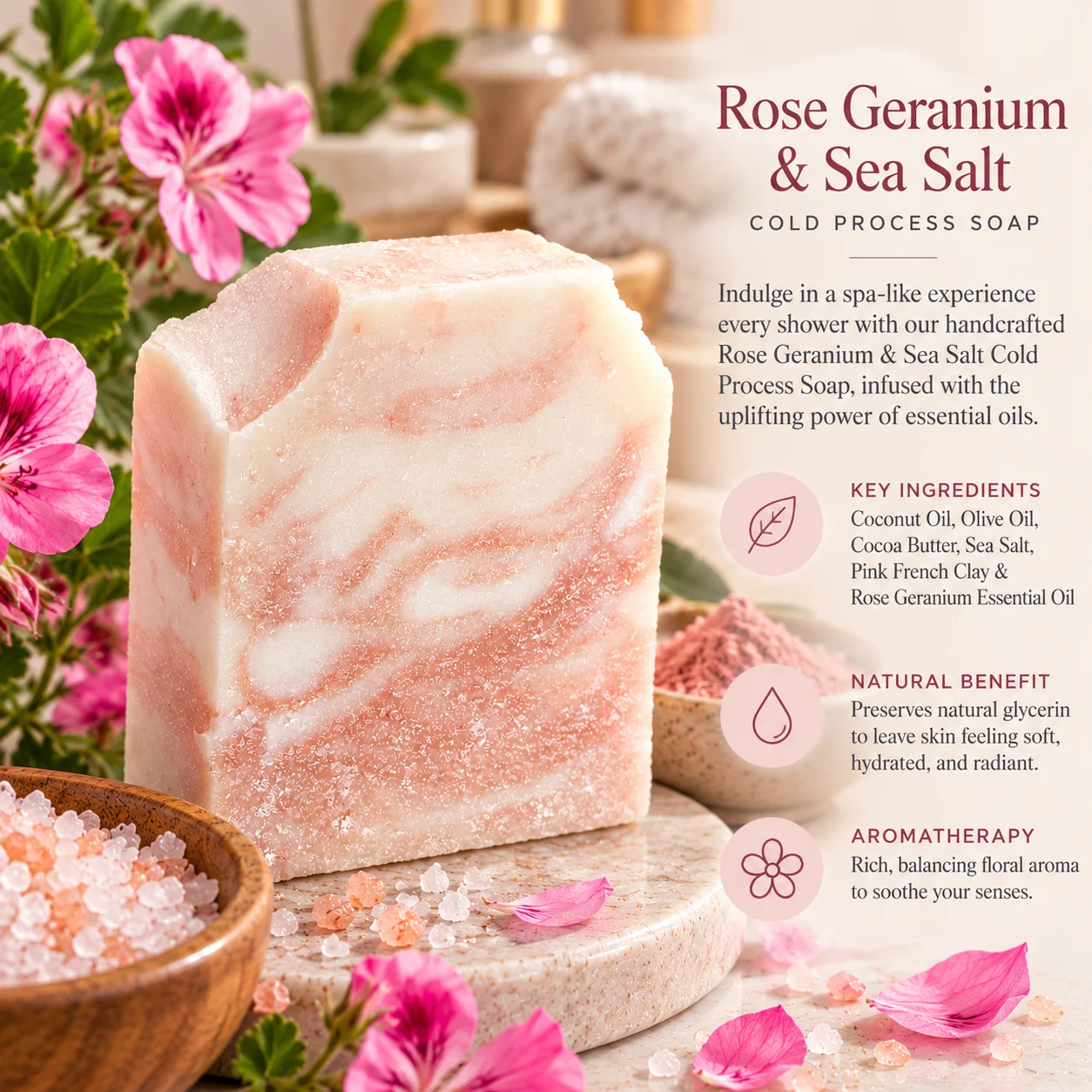 Rose Geranium & Sea Salt Cold Process Soap Bar 2 Rose Geranium & Sea Salt Cold Process Soap Bar - Image 2