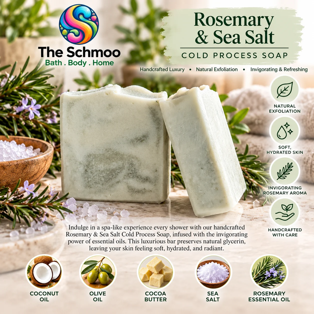 Rosemary & Sea Salt Cold Process Soap Bar