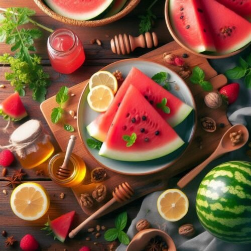 Fresh slices of watermelon with honey, lemon, and mint, representing the juicy and refreshing Watermelon fragrance