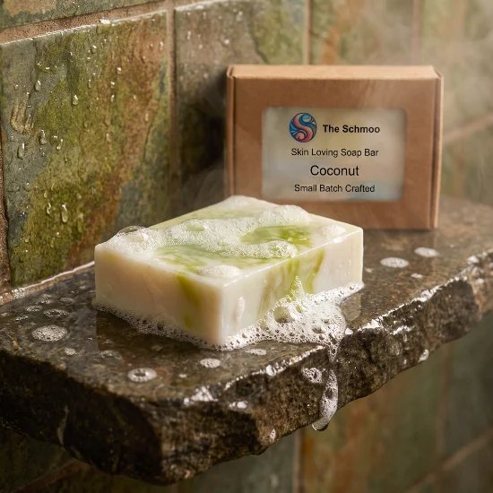 coconut soap bar on a rugged spa style shower shelf
