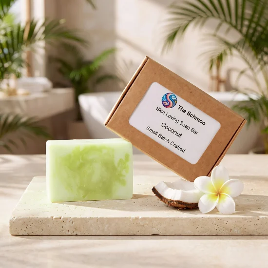 coconut soap bar on travatine tile