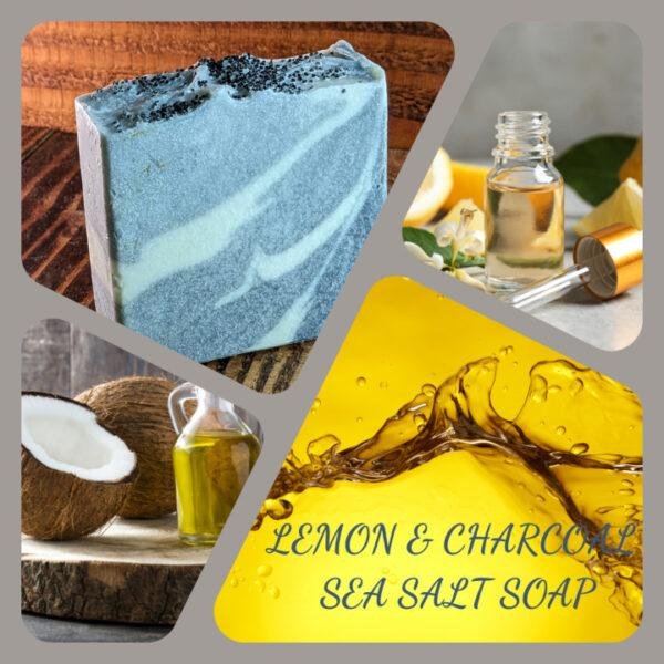 Collage of Lemon & Charcoal Sea Salt Soap showcasing its ingredients and the soap bar itself. Includes images of lemons, charcoal, coconut oil, and sea salt.