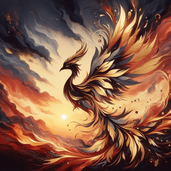 Rise and Slay fragrance image featuring a vibrant phoenix rising in fiery tones of orange, gold, and black