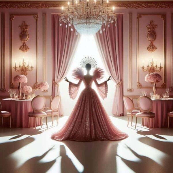 Elegant ballroom scene with a regal figure in a dramatic gown, symbolising the opulent Drama Queen fragrance collection.