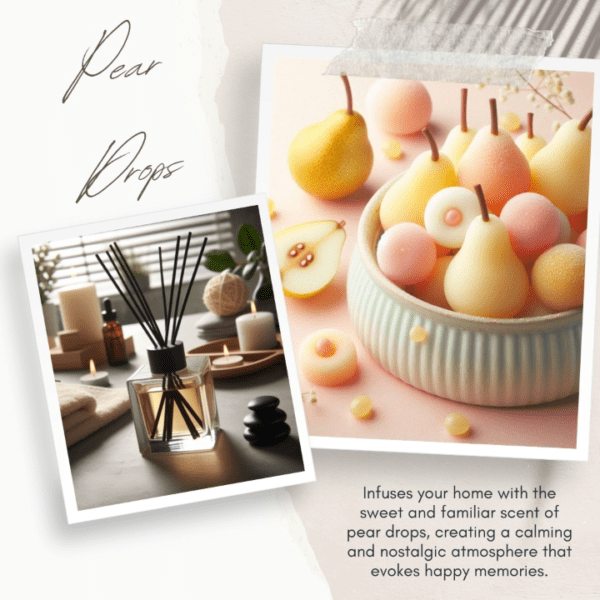 Stylish reed diffuser next to a pastel image of pear drop candies, evoking a nostalgic and calming atmosphere.