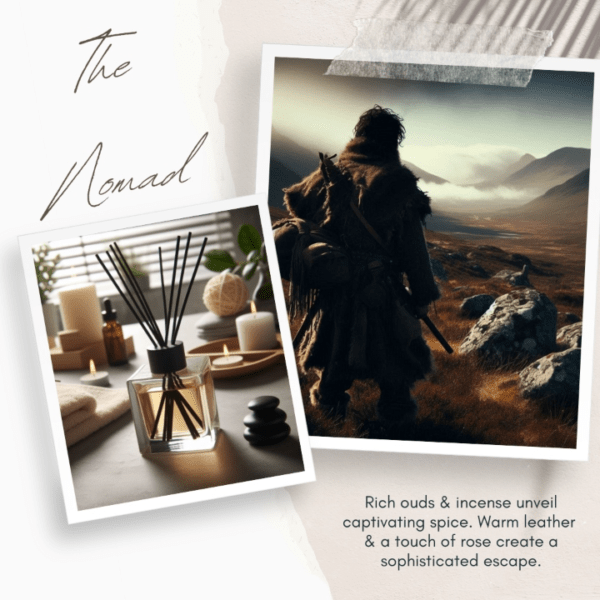 Reed diffuser paired with a rugged nomad in a wild landscape, invoking rich ouds, leather, and spice scents.