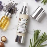 serum lavender flat lay on marble