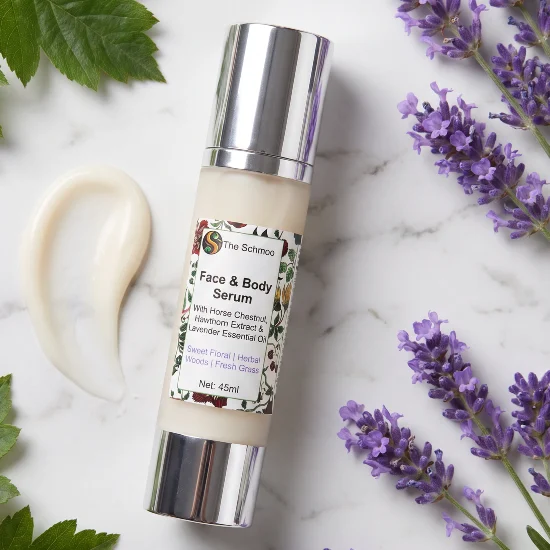 serum lavender flatlay marble botanicals