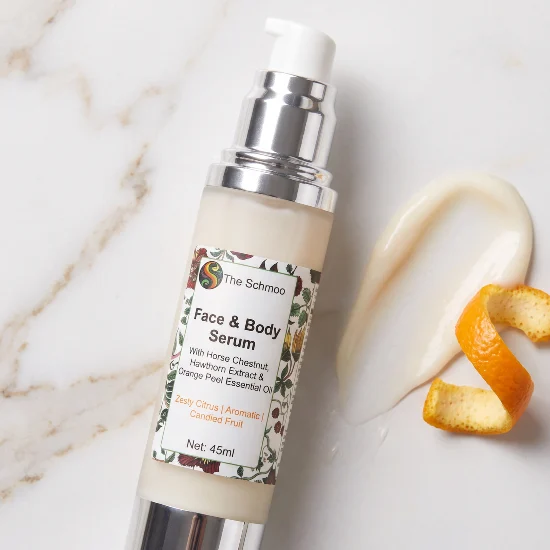 serum orange flatlay marble