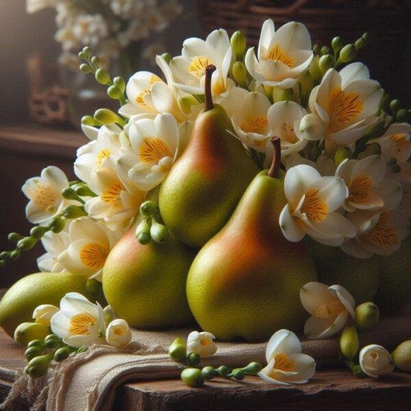 Fresh pears surrounded by delicate freesia flowers, representing the elegant and refreshing Pear & Freesia fragrance