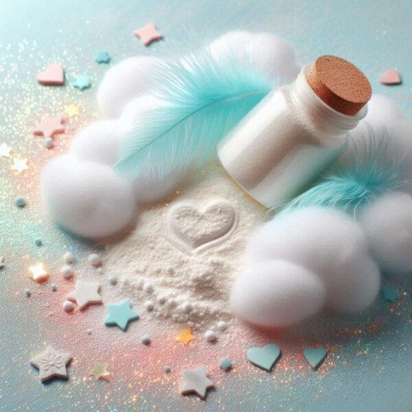 Gentle Baby Powder Bubble Bath Liquid surrounded by fluffy clouds, pastel stars, and feathers.