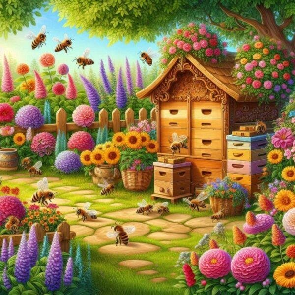 Colourful garden with bees buzzing around vibrant flowers and beehives, symbolising the natural beauty of Bee Happy Soap