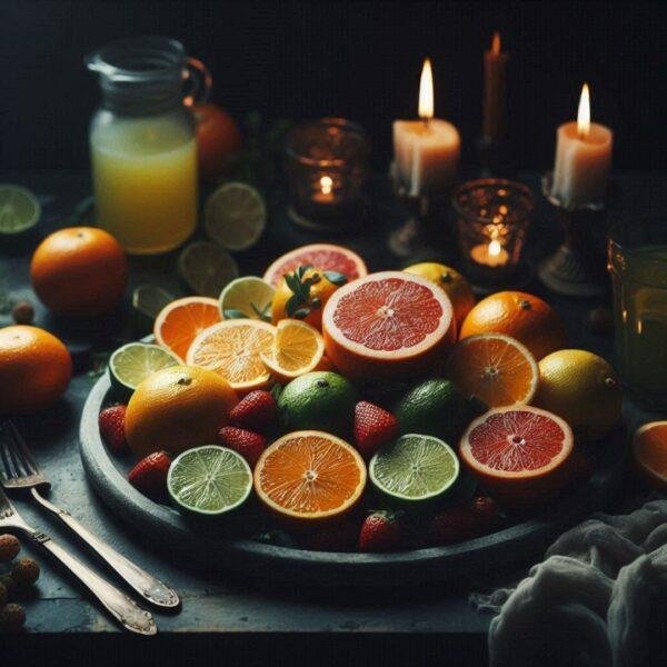 An arrangement of citrus fruits including grapefruit, limes, and oranges in candlelight, representing the bold and zesty Black Citrus fragrance