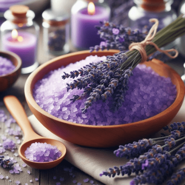 A wooden bowl of lavender bath salts, decorated with a bundle of fresh lavender sprigs, surrounded by candles and essential oils, evoking a soothing and peaceful atmosphere.