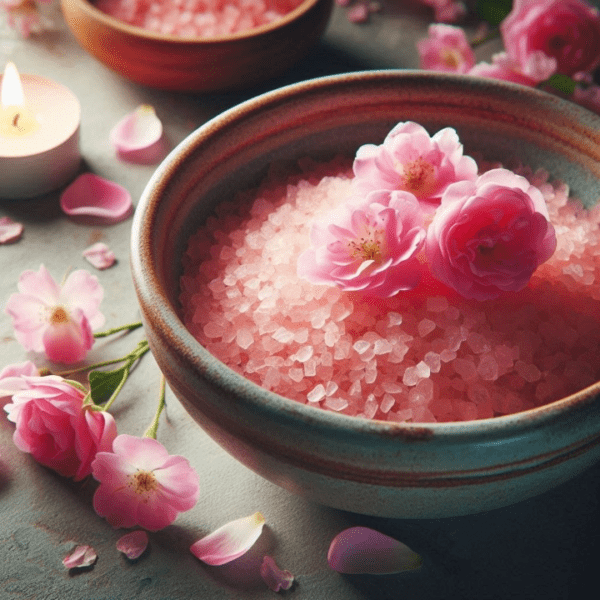 A bowl of rose geranium bath salts