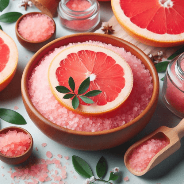 A bowl of pink grapefruit bath salts topped with a grapefruit slice, surrounded by natural elements, highlighting the vibrant citrus notes.