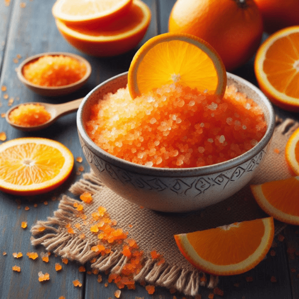 A bowl of rose geranium bath salts surrounded by fresh orange slices, highlighting the floral fragrance with hints of citrus.