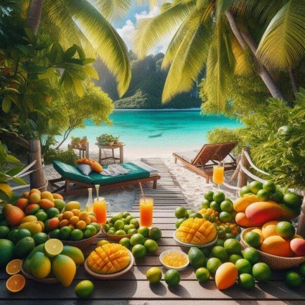 Sunlit tropical beach scene with fresh limes, mangoes, and palm trees, representing the vibrant Lime & Mango fragrance