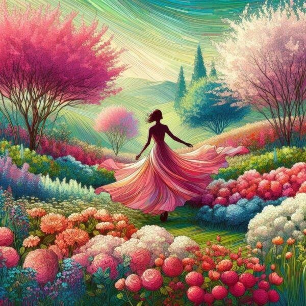 Silhouette of a woman dancing in a vibrant, colourful garden, representing the romantic and floral Mon Cheri fragrance