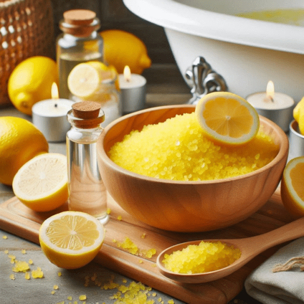 A wooden bowl filled with yellow lemon bath salts, surrounded by fresh lemons and essential oils, evoking a bright and refreshing citrus aroma.