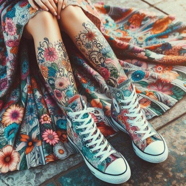 Vibrant floral-patterned sneakers and tattooed legs featuring intricate flower designs, paired with a matching floral skirt, showcasing artistic expression.