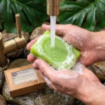 bamboo peppermint soap bar running water hands