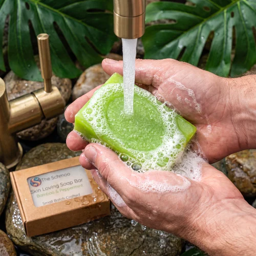 bamboo peppermint soap bar running water hands