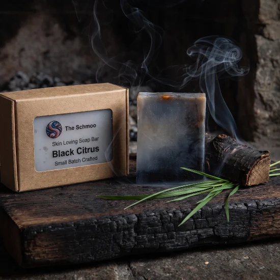 black citrus soap bar on ashy wood black citrus soap bar on ashy wood