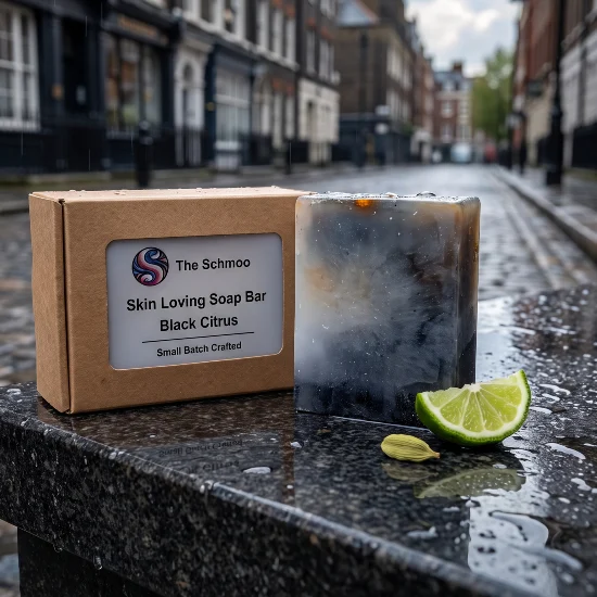 black citrus soap bar on wet stone in a street black citrus soap bar on wet stone in a street