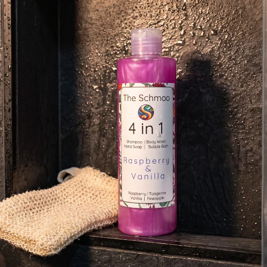 black rasp Vanilla 4 in 1 soap in shower nook