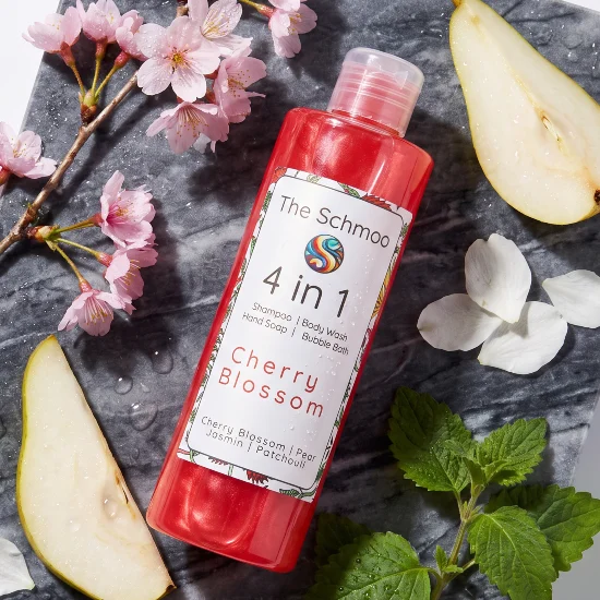 cherry blossom liquid soap flat lay