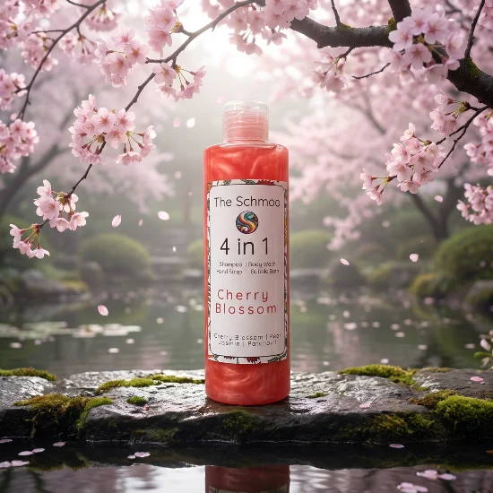 cherry blossom liquid soap next to lake