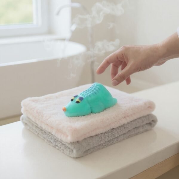 crocodile bath bomb on fluffy towel. AI generated background
