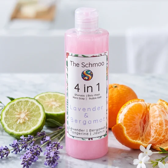 lavender & Bergamot liquid soap, surrounded by the scent notes lavender Bergamot liquid soap surrounded by the scent notes