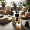Serenity in a Bottle: Spa-Inspired Reed Diffuser Glass reed diffuser with golden oil and black reeds on a gray surface with spa accessories in the background.