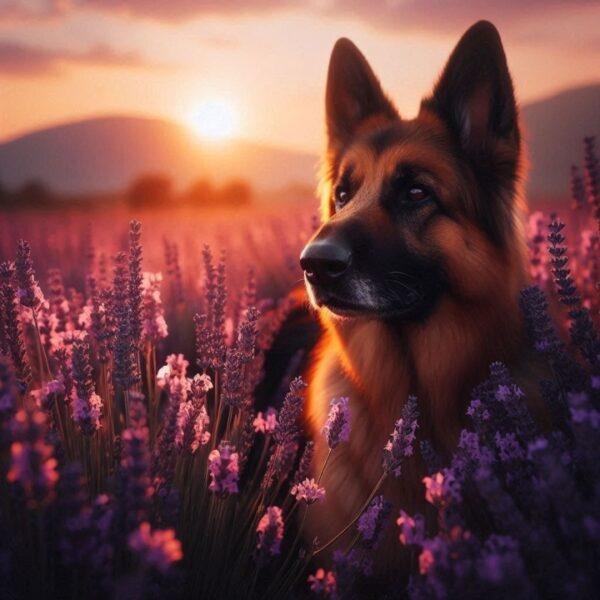 German shepherd in a field of lavender at sunset, representing the calming lavender dog dry shampoo