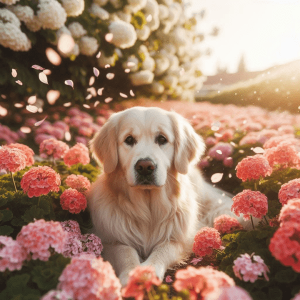 Golden retriever sitting among blooming pink geraniums, representing the floral geranium dog dry shampoo scent