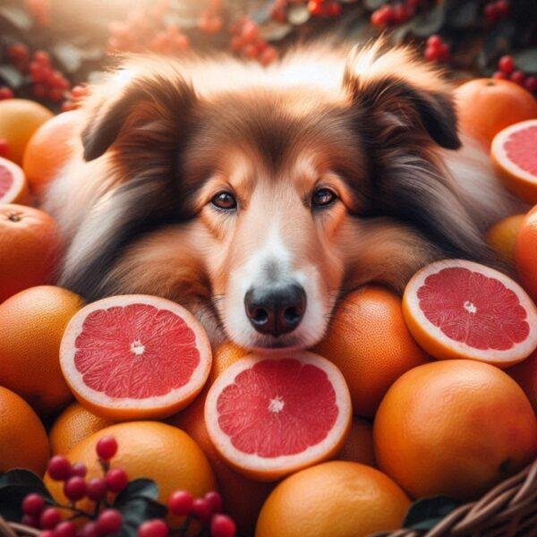 Collie surrounded by fresh grapefruits, representing the refreshing grapefruit dog dry shampoo scent